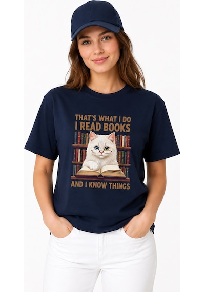 Bayloranzzo The Reader Cat %100 Pamuk Heavy Cotton Premium Kalite Kadın Tişört Lacivert