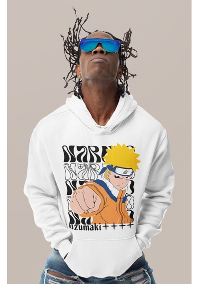 Sevbano Naruto Uzumaki Baskılı Unisex Oversize Anime Karakter Hoodie beyaz