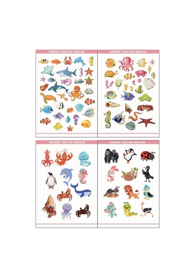 Eğitim Etiketleri Denizde, Havada, Karada Yaşayan Canlılar Figürler, 135 Adet Opak Sticker Renkli