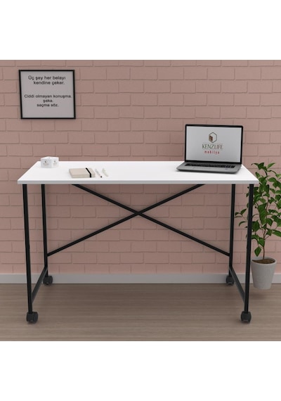 Kenzlife Ofis Masası Momoko 075 110 60 Byzsyh Tekerlekli Bilgisayar Çalışma Büro Beyaz