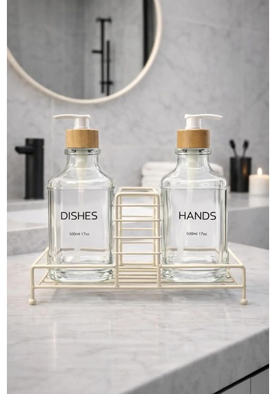 2'li Modern Cam Sabunluk Seti Metal Standlı Deterjanlık Seti Sıvı Sabunluk Çok Renkli