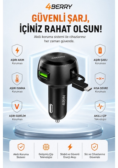 4berry 48w Süper Hızlı Şarj Destekli Geri Çekilebilir Kablolu Araç Şarj Cihazı
