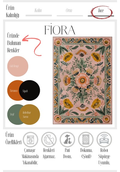 Fiori 217 Pembe Halı Pastel Tasarım Modern İnce Yazlık Halı Kilim Halı Salon Halısı Mutfak Halısı Pembe 1
