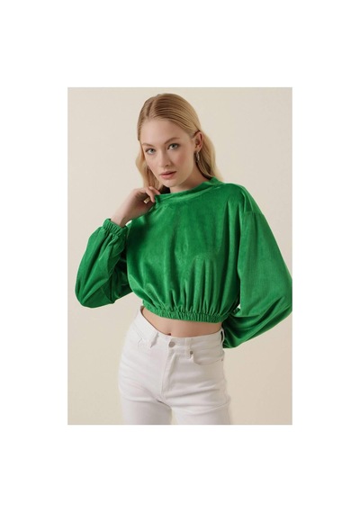 Ckm Moda Amy Kadife Crop Bluz Yeşil