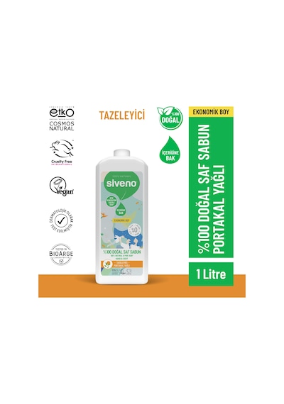 Siveno %100 Doğal Sıvı Kastil Sabun Portakal Yağlı Tazeleyici Nemlendirici Bitkisel Vegan 1 L