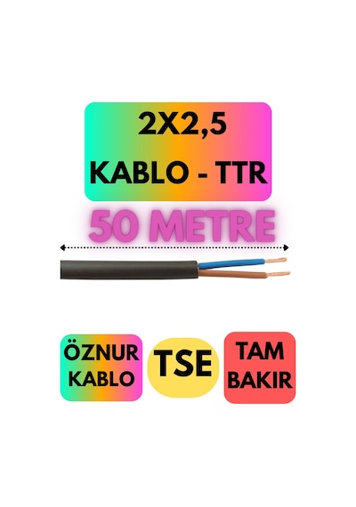 Öznur 2x2,5 Ttr Kablo Siyah Metre Seçenekli - 50 Metre