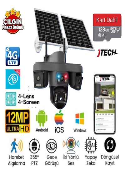 O-kam Ok-335 Premium 4g 12mp Sim Kartlı Solar Panelli Çakarlı 4 Lens 1 Ptz Akıllı Kamera + 128gb Sd Kart Dahil