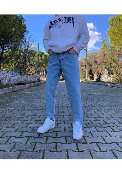 Yıkamalı Mavi Boyfriend Pantolon Mavi