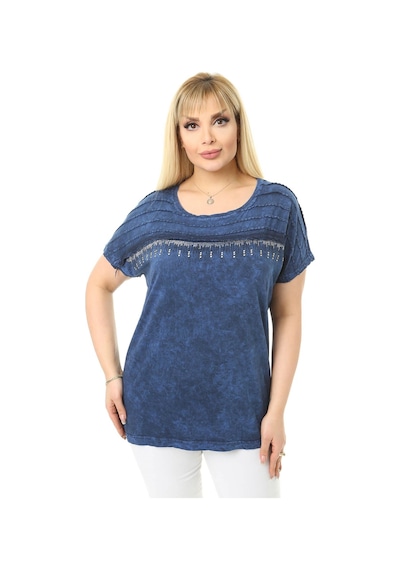 Mia Butik Büyük Beden Lacivert Omuzları Taş Detaylı Bluz-1060 Lacivert