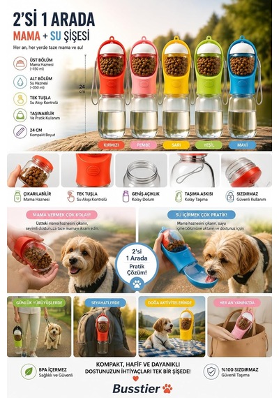 Taşınabilir Köpek Ve Kedi Su Ve Mama Kabı, Seyahat Ve Yürüyüş İçin 2 Bölmeli Evcil Hayvan Su Şişesi Ve Mama Haznesi, 350 Ml, Sarı