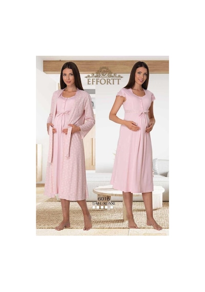 Effortt Mayss Collections 6015 Pembe Renk Sabahlıklı Lohusa Gecelik Takımı Pembe