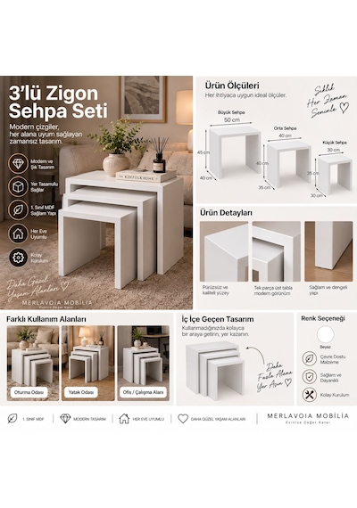 3 Lü Zigon Sehpa Set Beyaz