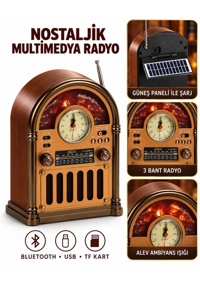 Nostaljik Multimedya Radyo Bluetooth, Usb, Tf Kart, 3 Bant Ve Solar Şarjlı