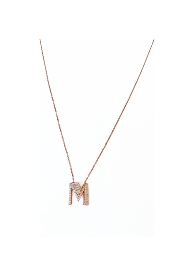Baget Taşlı Pırlanta Model Gümüş Harf Kolye - M Rose Gold