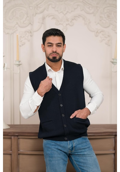 Woolen World Regular Fit Ön Cepli Kolsuz Erkek Triko Yelek Lacivert