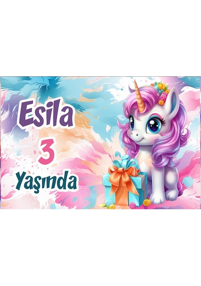Hediye Ve Unicorn Temalı Doğum Günü Afişi 70x100 Cm