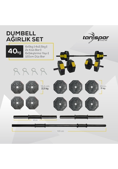 Tan Spor 40KG Dambıl Ağırlık Halter Ağırlık Kısa Bar ve 150 cm Düz Bar Seti
