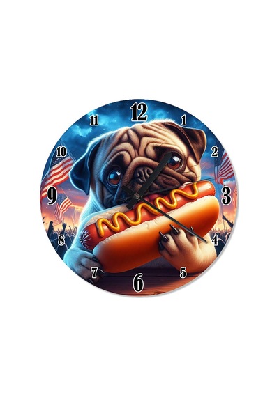 Hot Dog Yiyen Pug Köpek Analog Duvar Saati Çok Renkli