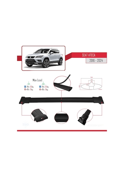 Seat Ateca 2016 Ve Sonrası İle Uyumlu Fly Model Ara Atkı Tavan Barı Siyah