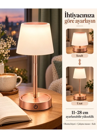 2 Li Luna Rose Gold Teleskobik Şarjlı Led Masa Lambası Ayarlanabilir Boy 11 28 Cm 2 Adet