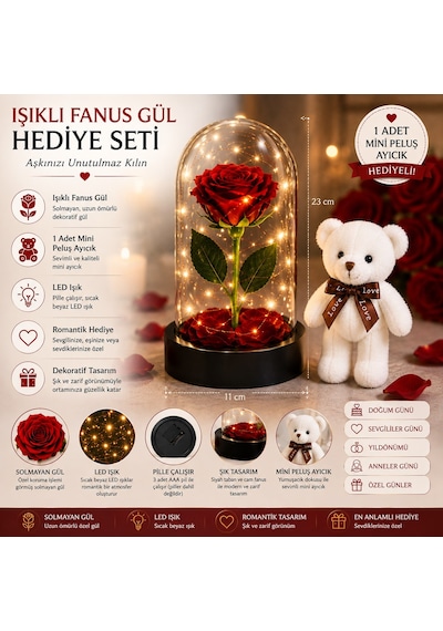 Led Işıklı Mika Fanus Solmayan Yapay Kırmızı Gül & 1 Mini Peluş Ayıcık Sevgiliye Romantik Hediye Set