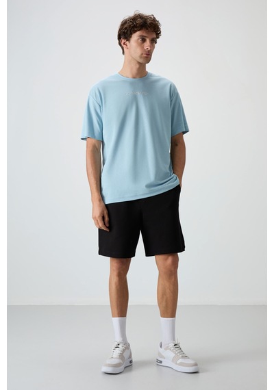 Air Jones Tommy Life Açık Mavi Pamuklu Kalın Yüzeyi Dokulu Oversize Fit Baskılı Erkek T-shirt - 88364 Açik Mavi