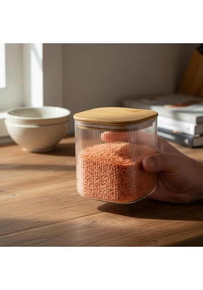 Bambu Kapaklı Kare Cam Saklama Kavanozu 10x10 Cm - Vakum Kapaklı Şeffaf Erzak Kabı Ve Mutfak Düzenleyici Organiza Diğer