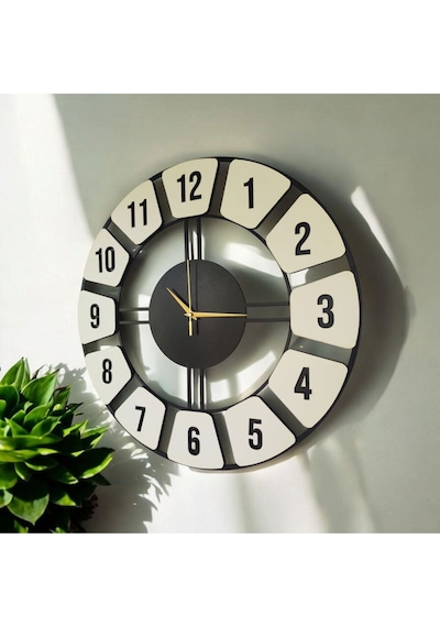Ahşap Siyah Beyaz Renk Desenli Sayılı Hediyelik Sessiz Duvar Saati 50cm Beyaz