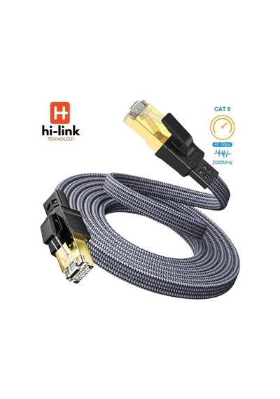 Hi-link 10metre Flat Örgülü Cat8 Ethernet Kablo - Yüksek Hızlı 40gbps 2000mhz 10 M