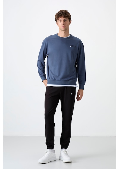 Tommy Life Petrol - Siyah Casual O Yaka Lastik Paça Pamuklu Erkek Oversize Eşofman Takımı - 85120 Petrol Mavi