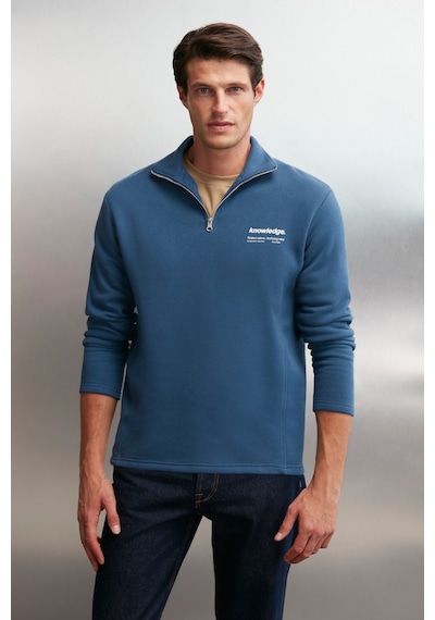 Grimelange Halden  Erkek Içi Polarlı Dik Yaka Yarım Fermuarlı Baskı Detaylı Regular Mavi Sweatshirt