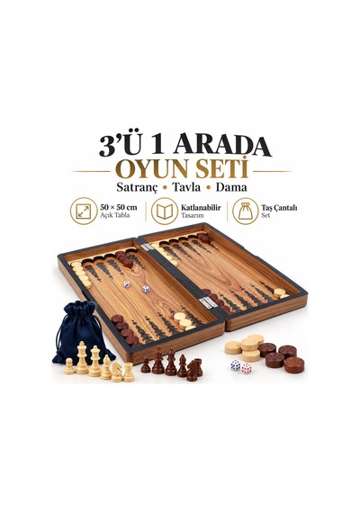 3 Ü 1 Arada Ahşap Satranç Tavla Dama Seti 50 50 Cm Katlanabilir At Figürlü Taş Çantalı Oyun Takımı