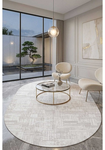 Alya Modern Tasarım Makine Oval Halı 20440 Kemik Kemik-krem