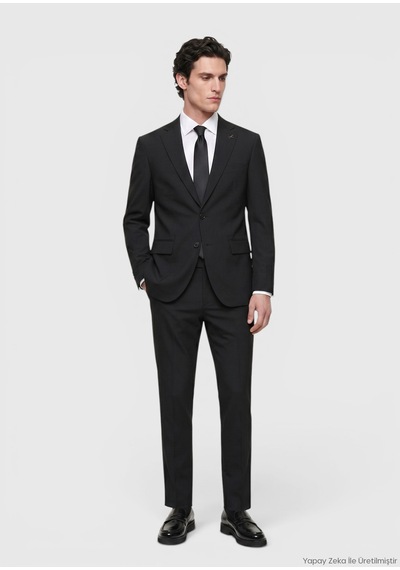 Ramsey Siyah Çizgili Modern Fit Yün Karışımlı Takım Elbise