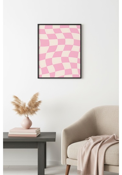 Doğal Ahşap Çerçeveli Pastel Damalı Retro Tablo - Pembe Tonlar Huhu2806