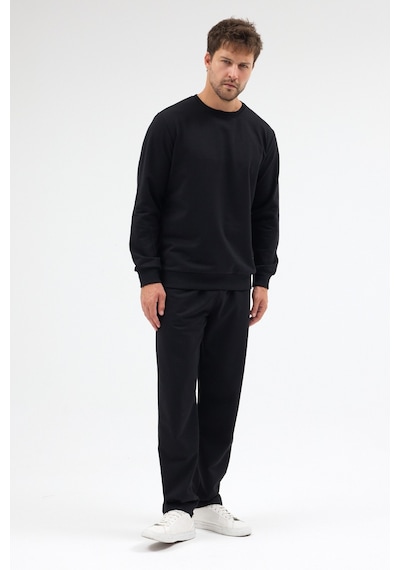 Mmetalic Siyah Relaxed Fit Bisiklet Yaka Sweatshirt Düz Paça Erkek Eşofman Takımı Mtlce3847