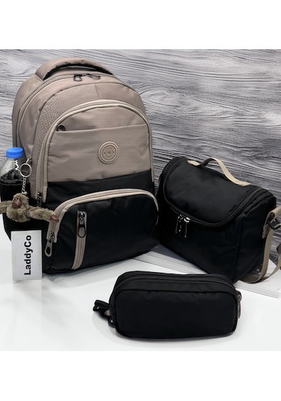Suya Dayanıklı İlk Okul Çantası 3'lü Seti Unisex Çocuk İlkokul Çantası Ldc-8010 Vizon-siyah Kahverengi
