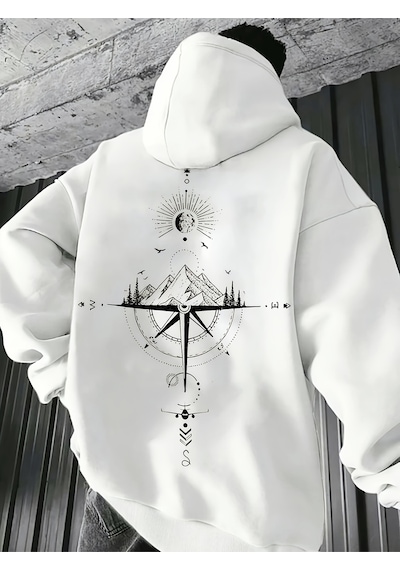 Uyguntarz Unisex Yon Gosteren Pusula Baskılı Oversize Sweatshirt beyaz