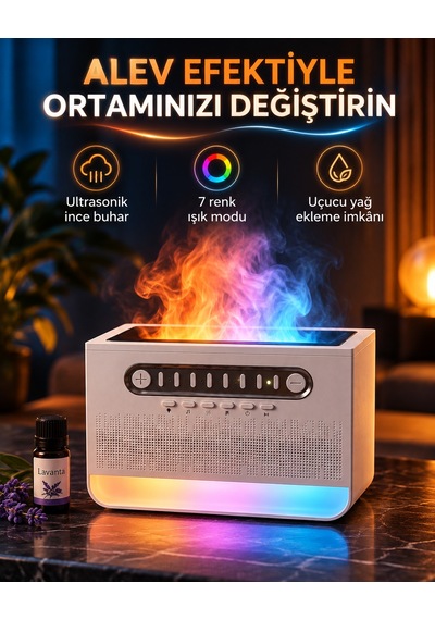 Alev Efektli Aroma Difüzör Beyaz Gürültü Sesli Hoparlörlü 7 Renk Led Işıklı Dekoratif Hava Nemlendirici Buhar Makinesi Ses Seviyesi Ayarlı