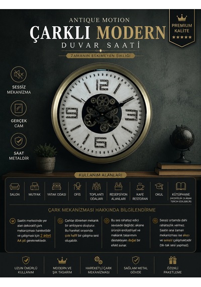 Antique Motion 60 Cm Çarklı Duvar Saati Eskitme