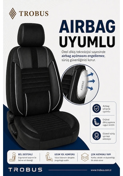 Renault Megane E-tech 2022+ Uyumlu Apex Serisi Tay Tüyü Bel Destekli Siyah Beyaz Koltuk Kılıfı