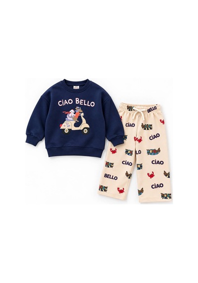 Ciao Bello Baskılı Lacivert Sweatshirt Ve Desenli Eşofman Altı Unisex 3ip Alt Üst Takım Ciao Bello Baskılı Lacivert Sweatshirt Ve Desenli Eşofman Altı Unisex 3ip Alt Üst Takım