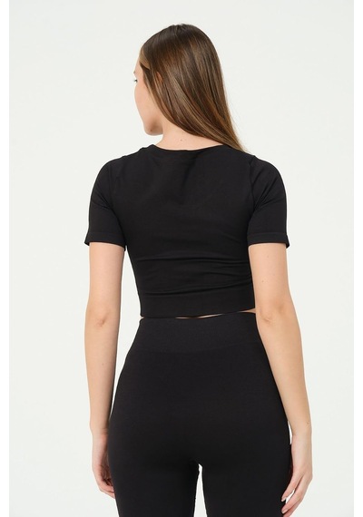 Kadın V Yaka Kısa Kollu Dikişsiz Esnek T-shirt Crop Top Siyah-l Altın - Beyaz