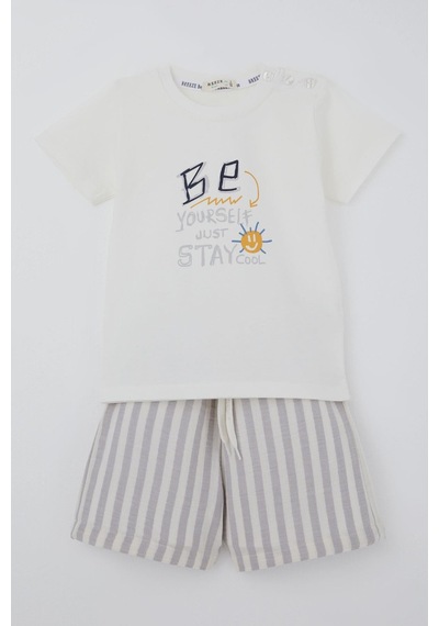 Breeze Erkek Bebek Şortlu Takım Motivasyon Temalı Bağcık Aksesuarlı 9 Ay-3 Yaş, Ekru