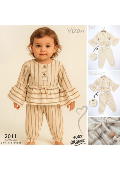 Babyhola Kız Bebek Çocuk Bayramlık Takım Volan Kollu Simli Müslin 2011 Bej