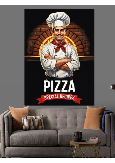 Ahşap Tablo Fırın Önünde Pizza Ustası Şef Aşçı " Özel Pizza Tarifleri" Sloganlı Afiş