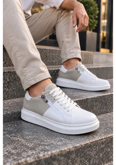 Mevese Roirraw Bağcıklı Ve Fermuarlı Süet Erkek Günlük Sneaker Ayakkabı - Beyaz Gri