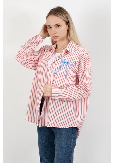 Giysa Kadın Fiyonk Baskılı Oversize Çizgili Gömlek Kırmızı Beyaz - 71567 Kırmızı
