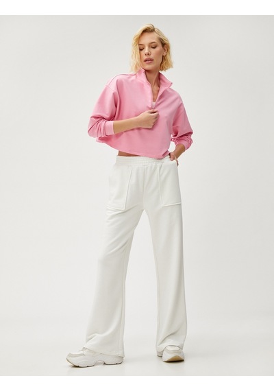 Koton Crop Sweatshirt Yarım Fermuarlı Dik Yaka Pembe 3sak10196ek Gülkurusu