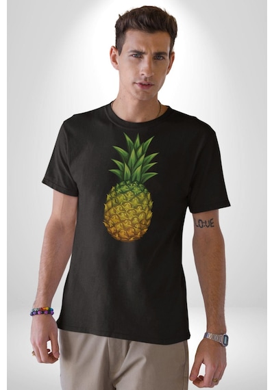 Ananas Meyve Unisex Unisex Siyah Organik Baskılı T-shirt Penye Yüksek Kalite Siyah